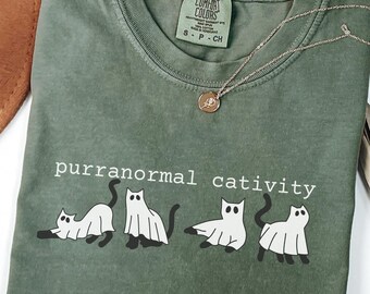 Purranormal Cativity Ghost Cat T-Shirt, Funny Halloween Cat Graphic Tee, Spooky Cute Cat Shirt, Halloween Gift for Cat Lovers, Cat Ghost Tee