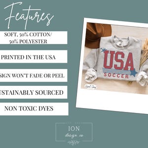 May include: A heather grey sweatshirt with a red, white, and blue graphic that says "USA Soccer". The sweatshirt is made of 50% cotton and 50% polyester and is printed in the USA.