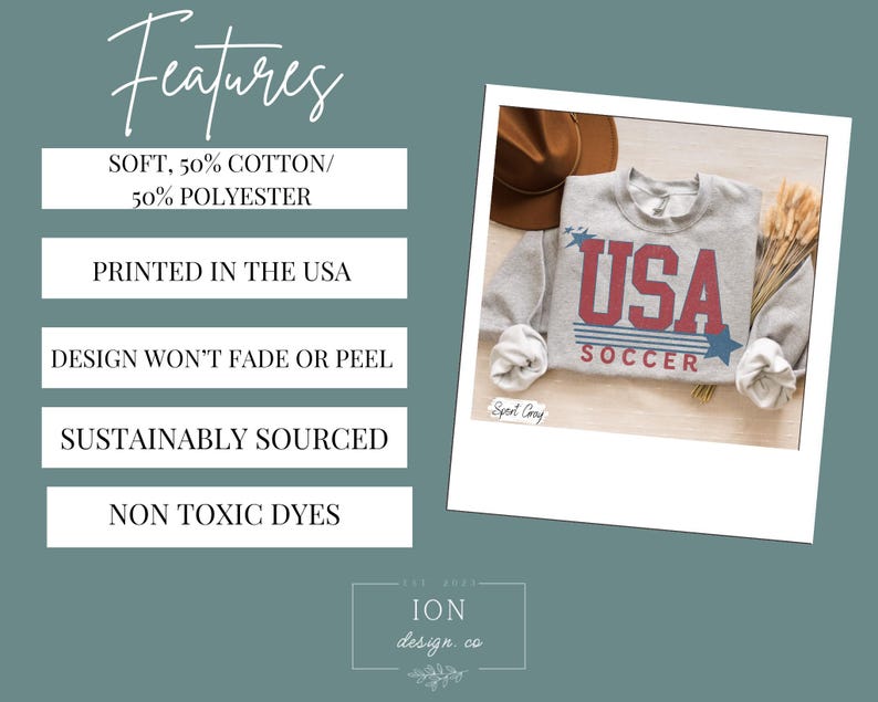 May include: A heather grey sweatshirt with a red, white, and blue graphic that says "USA Soccer". The sweatshirt is made of 50% cotton and 50% polyester and is printed in the USA.