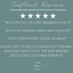 May include: A teal background with white text and five white stars. The text reads "Customer Reviews" at the top, followed by customer testimonials about an Etsy shop. The shop's logo is at the bottom.