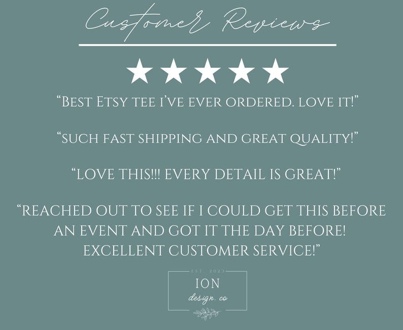 May include: A teal background with white text and five white stars. The text reads "Customer Reviews" at the top, followed by customer testimonials about an Etsy shop. The shop's logo is at the bottom.