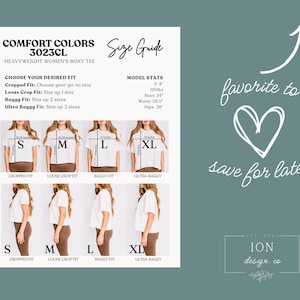 Puede incluir: Una gu&iacute;a de tallas para una camiseta boxy gruesa Comfort Colors 3023CL. La gu&iacute;a muestra diferentes ajustes: recortado, holgado, holgado y ultra holgado. Se incluyen las estad&iacute;sticas del modelo: 1,63 m, 54 kg, 86 cm de busto, 67 cm de cintura y 97 cm de caderas.