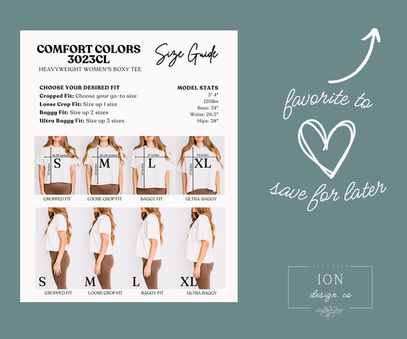 Puede incluir: Una gu&iacute;a de tallas para una camiseta boxy gruesa Comfort Colors 3023CL. La gu&iacute;a muestra diferentes ajustes: recortado, holgado, holgado y ultra holgado. Se incluyen las estad&iacute;sticas del modelo: 1,63 m, 54 kg, 86 cm de busto, 67 cm de cintura y 97 cm de caderas.