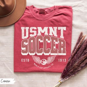 Puede incluir: Camiseta de color carmes&iacute; con el texto "USMNT SOCCER" en fuente blanca y roja desgastada. Debajo, un gr&aacute;fico de un bal&oacute;n de f&uacute;tbol con alas y las palabras "ESTD 1913" y "WORLD CUP APPAREL CO."