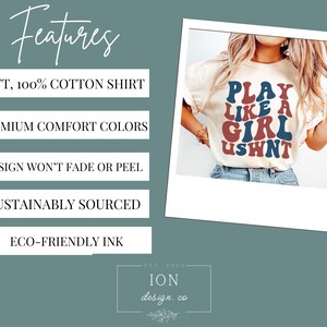 May include: A white t-shirt with a red, blue, and white graphic that says "Play Like A Girl USWNT". The shirt is made of 100% cotton and features a premium comfort color.