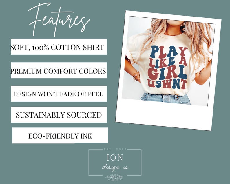 May include: A white t-shirt with a red, blue, and white graphic that says "Play Like A Girl USWNT". The shirt is made of 100% cotton and features a premium comfort color.