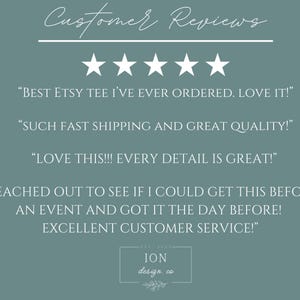 May include: A teal background with white text and five white stars. The text reads "Customer Reviews" at the top, followed by customer testimonials praising the product's quality and service. The logo for ION design co. is at the bottom.