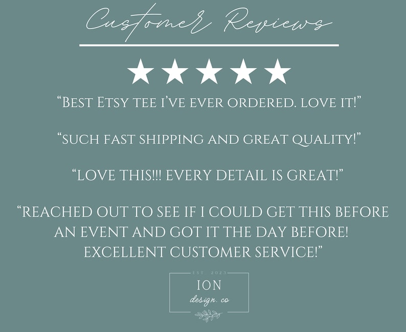 May include: A teal background with white text and five white stars. The text reads "Customer Reviews" at the top, followed by customer testimonials praising the product's quality and service. The logo for ION design co. is at the bottom.