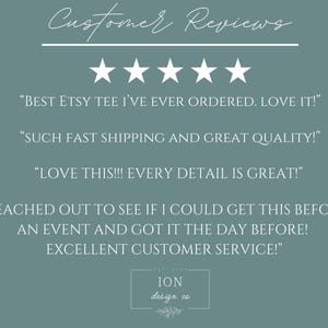 May include: A teal background with white text and five white stars. The text reads "Customer Reviews" and includes customer testimonials about an Etsy shop. The shop's logo, "ION design co," is at the bottom.