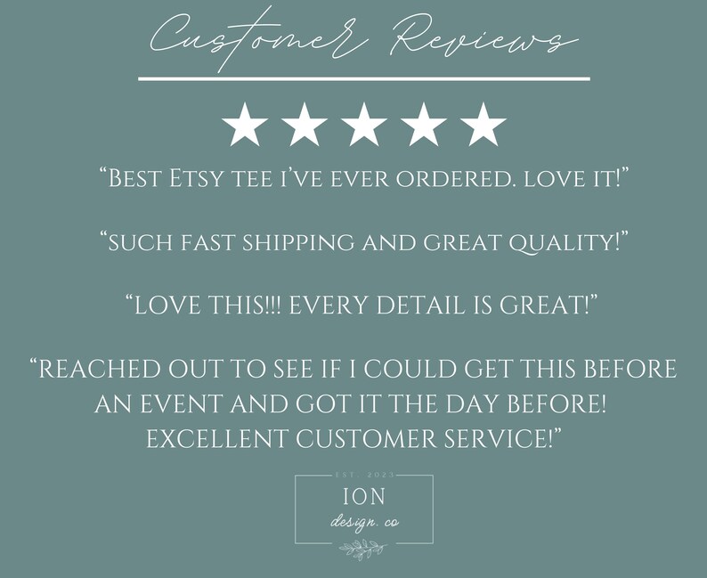 May include: A teal background with white text and five white stars. The text reads "Customer Reviews" and includes customer testimonials about an Etsy shop. The shop's logo, "ION design co," is at the bottom.