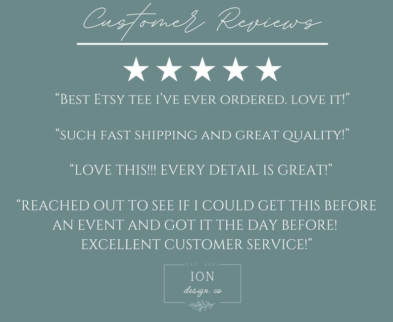 Puede incluir: Un fondo verde azulado con texto blanco y cinco estrellas blancas. El texto dice "Customer Reviews" en la parte superior, seguido de testimonios de clientes sobre una tienda de Etsy. El logotipo de la tienda est&aacute; en la parte inferior.