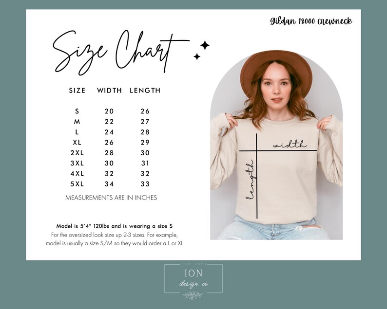 May include: A size chart for a Gildan 18000 crewneck sweatshirt, with measurements in inches. The chart includes sizes S to 5XL, with width ranging from 20 to 34 inches and length from 26 to 33 inches. A model wearing a size S is shown.