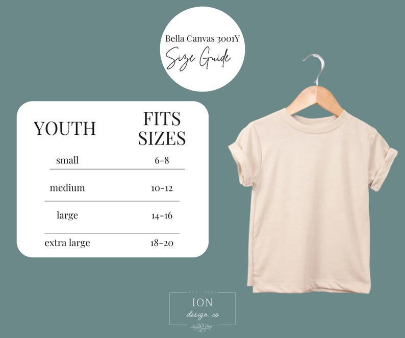 May include: A beige youth t-shirt hanging on a wooden hanger. The image includes a size guide with sizes ranging from small (6-8) to extra large (18-20). The text "Bella Canvas 3001Y Size Guide" is also present.