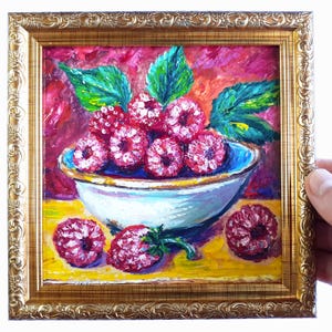 Raspberry Still Life Oil Painting –  Raspberry Bowl Art Colorful Kitchen Wall Decor Fruit Lover Gift Original Food Artwork  6x6