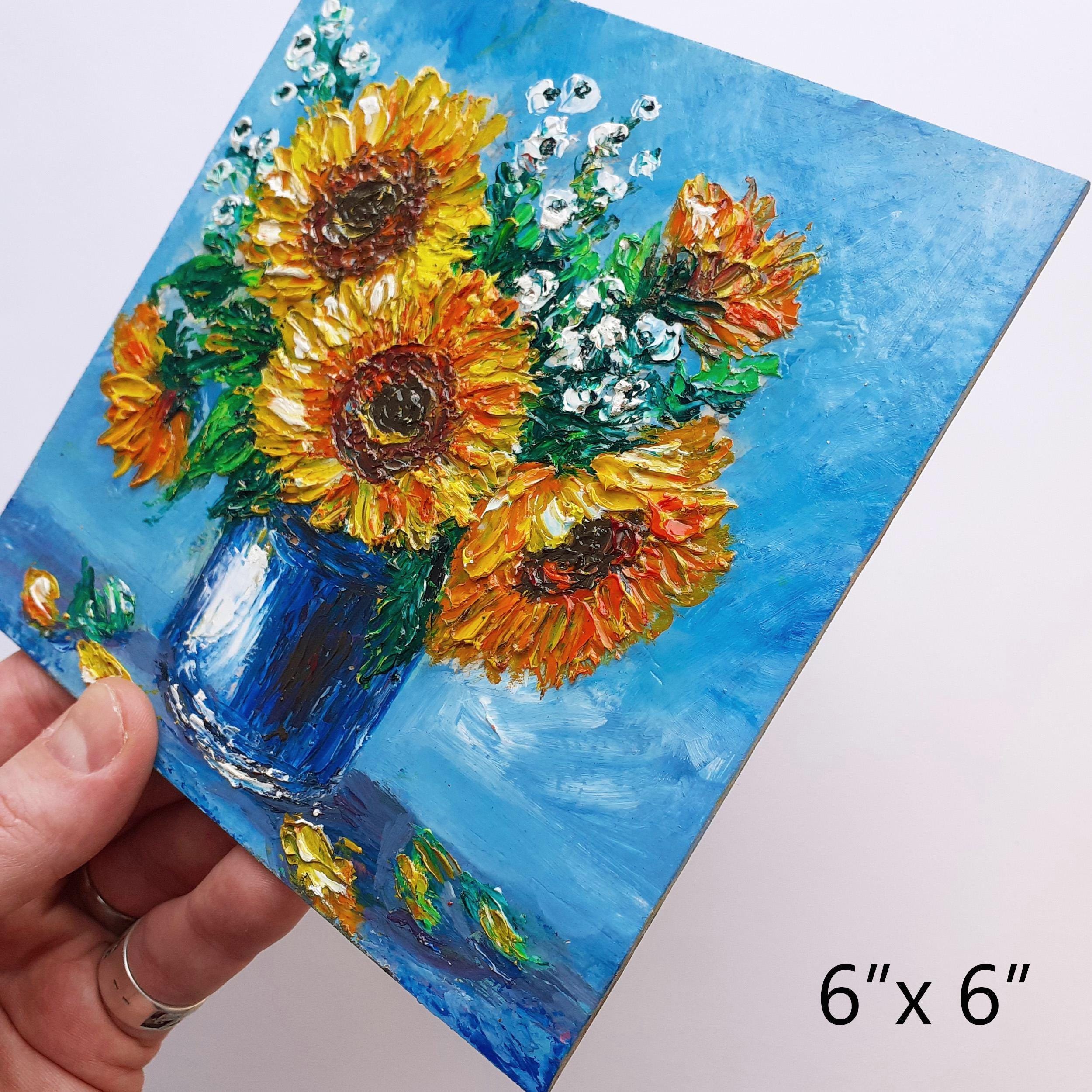 Sunflower Oil Painting – Original Floral Impasto Artwork, Framed 6x6 - Etsy