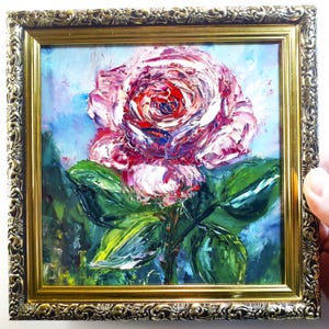 Pink Rose Oil Painting Vibrant Flower Art Rose Blossom Artwork Impasto Impressionist Art Gift for Her Framed Floral Wall Decor 6x6
