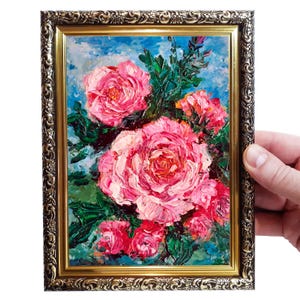 Roses Oil Painting Pink Flowers Artwork Floral Original Framed Painting Impasto Impressionist Art Small Wall Decor Gift for Her  5x7
