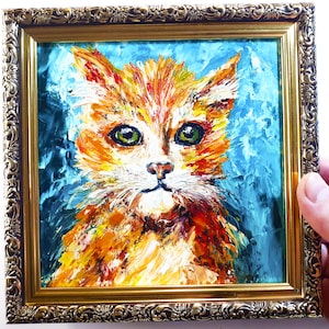 Original Orange Cat Oil Painting Framed Textured Art Ginger Cat Wall Decor Pet Lover Gift Feline Impasto Art Cat Lover Gift 6x6