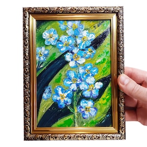 Forget-Me-Nots Oil Painting Blue Flowers Framed Artwork Impressionist Impasto Art Original Small Wall Decor Gift For Her 5x7