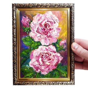 Pink Roses Oil Painting Framed Flowers Artwork Floral Impressionist Art Impasto Art Small Wall Decor Gift for Her 5x7