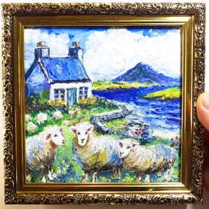 Irish Cottage Landscape Oil Painting with Sheep Coastal Ireland Wall Art Countryside Gift Impressionist Art 6x6