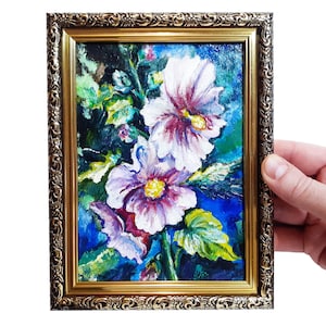 Mallow flowers Oil Painting Pink Flower Framed Artwork Impasto Original Impressionist Art Small Wall Decor Gift for Her 5x7