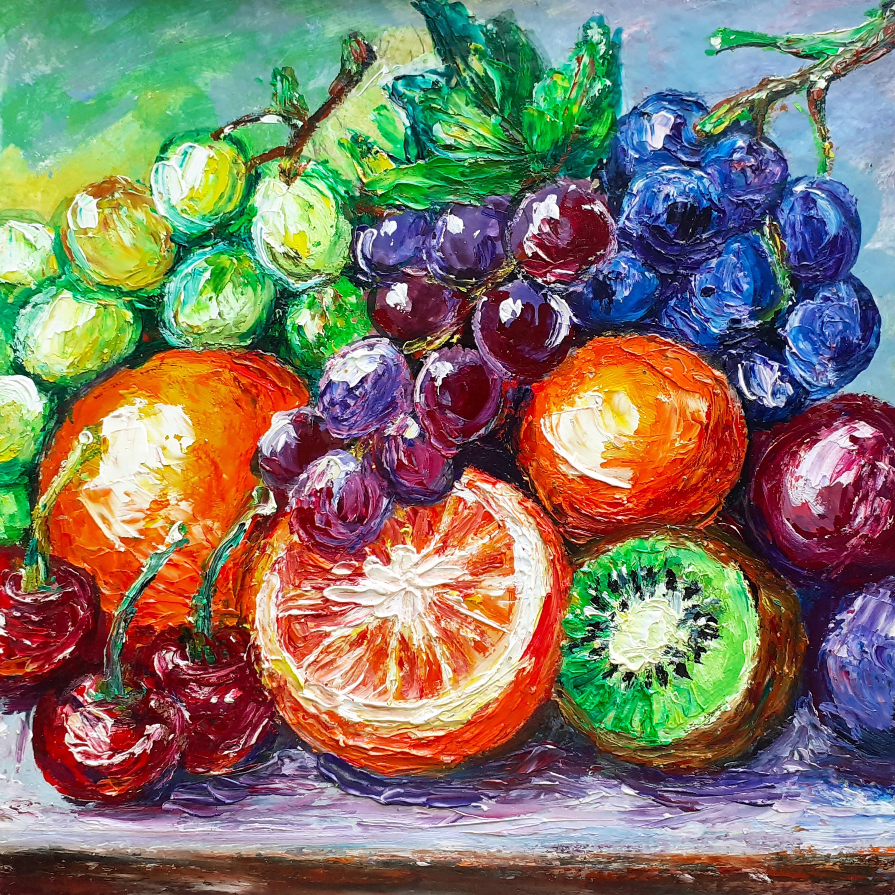 果物の静物油絵：質感のあるキッチン装飾、額装済みオリジナルアート