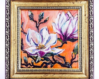 Magnolia Oil Painting: Original Small Floral Art, Framed Impasto Artwork 6x6