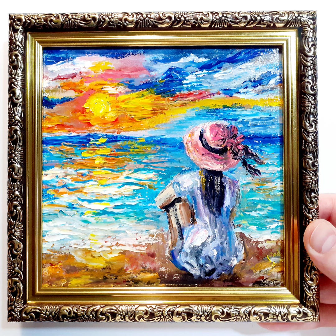 Woman by the Ocean Oil Painting Sunset Beach Artwork Seascape Original ...