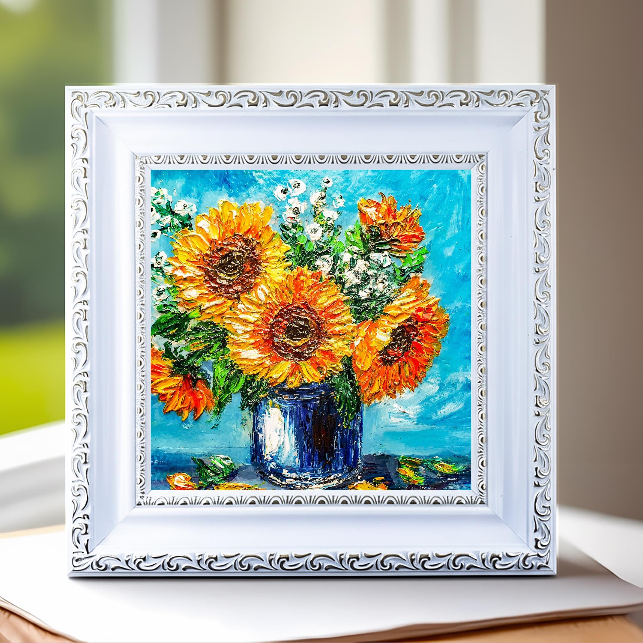 Sunflower Oil Painting – Original Floral Impasto Artwork, Framed 6x6 - Etsy