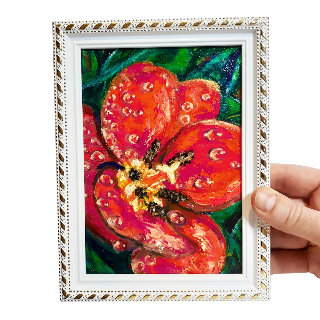 Tulip Oil Painting: Floral Artwork, Impasto Framed Small Wall Art 5x7 ...