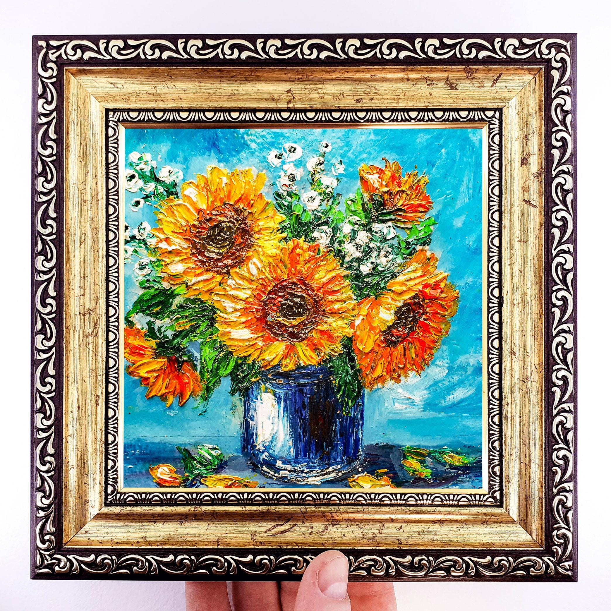 Sunflower Oil Painting – Original Floral Impasto Artwork, Framed 6x6 - Etsy