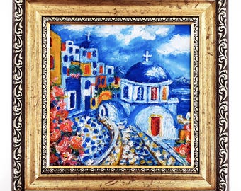 Santorini, Grecia. Pintura al óleo: paisaje mediterráneo, decoración de pared costera enmarcada de 6x6 pulgadas.