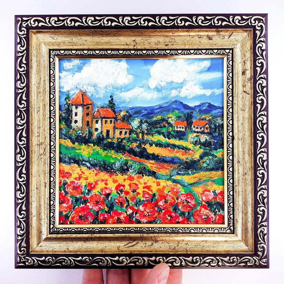 Tuscany Oil Painting Italian Landscape With Poppy Field Impasto Rustic ...