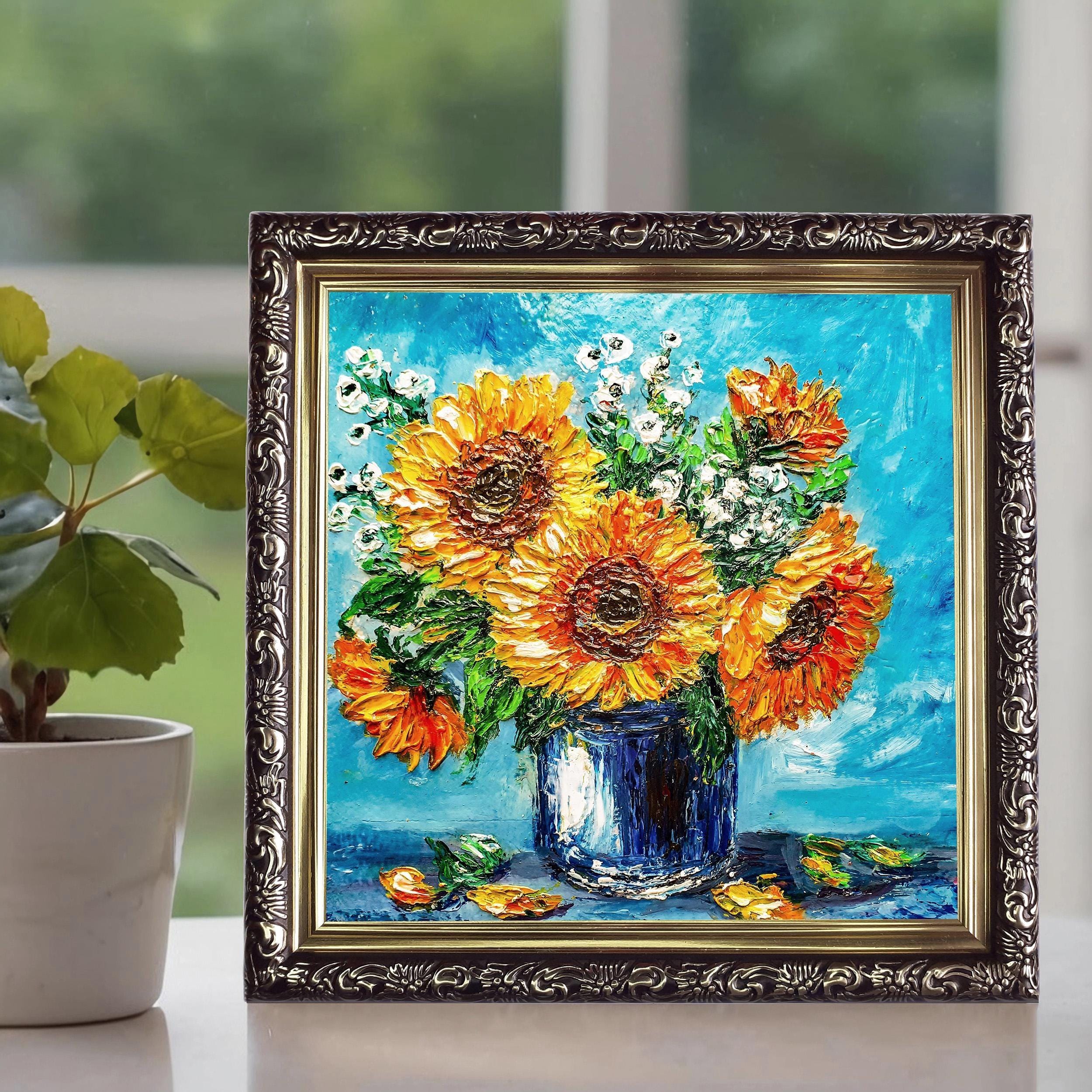 Sunflower Oil Painting – Original Floral Impasto Artwork, Framed 6x6 - Etsy