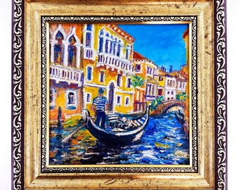 Venice Oil Painting, Gondola Canal Art, Italy Cityscape, Impasto Wall Decor 6x6"