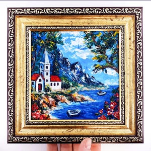 ポジターノ海岸の油絵：質感のあるイタリアの海辺のアート、額装済み 6x6インチ