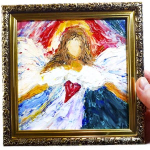 Angel Oil Painting Spiritual Artwork Guardian Angel with Heart Artwork Angel Wings Framed Impasto Art Wall Decor Religious Gift 6x6