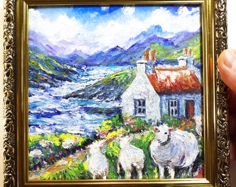 Irish Cottage Oil Painting: Original Sheep Landscape Artwork, Framed Gift 6x6"