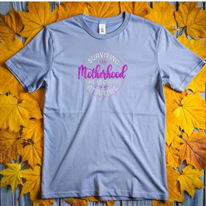 May include: A light blue t-shirt with a pink circle graphic that says "Surviving Motherhood One Meltdown At A Time".