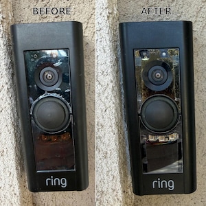 May include: Side-by-side comparison of a black Ring video doorbell before and after repair. The "before" image shows a damaged lens and speaker. The "after" image shows the repaired doorbell with a clear lens and intact speaker.