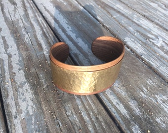 Wide Walnut Cuff Bracelet with Hammered Brass