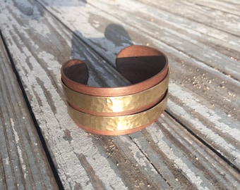 Wide Walnut Cuff Bracelet with Hammered Brass