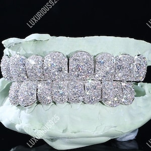 VVS Moissanite Mosaic Set Grillz, 925 Silver Custom Made Bustdown Grillz, Rapper Men Hip Hop Teeth, Top Quality Diamond Grillz Pass Tester
