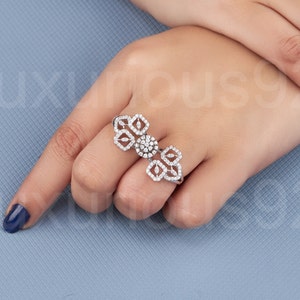 925 Sterling Silver Exquisite Silver Blossom Dual Ring Diamond Cocktail Ring Handmade Jewelry Statement Ring Unique Gift luxury