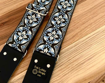 MEDALLIONS Guitar Strap blue white black guitar strap 3 guitar strap lengths sizes acoustic guitar bass guitar banjo strap electric guitar