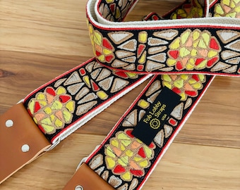 MOSAIC Guitar Strap yellow, red, tan strap, bass guitar country ethnic acoustic guitar strap, Limited Edition