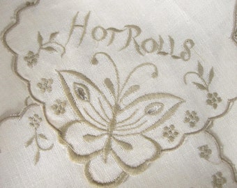 Vintage flax linen embroidered butterfly Hot Rolls bread basket. Beige on ecru Irish flax linen. Romantic decor. #mck14, Butterflies, bread