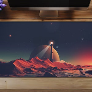 Lighthouse On The Moon Desk Mat | Space Extra Large Mousepad | Aesthetic Mousepad | Extended Gaming Desk Pad | Xl MousePad | Desk Decor