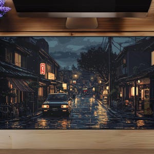 Pixel Art Japanese City Desk Mat - Large Lofi Dark Mousepad, Retro Game Cute Mouse Mat, Extended Gaming Desk Pad, Gift For Gamers